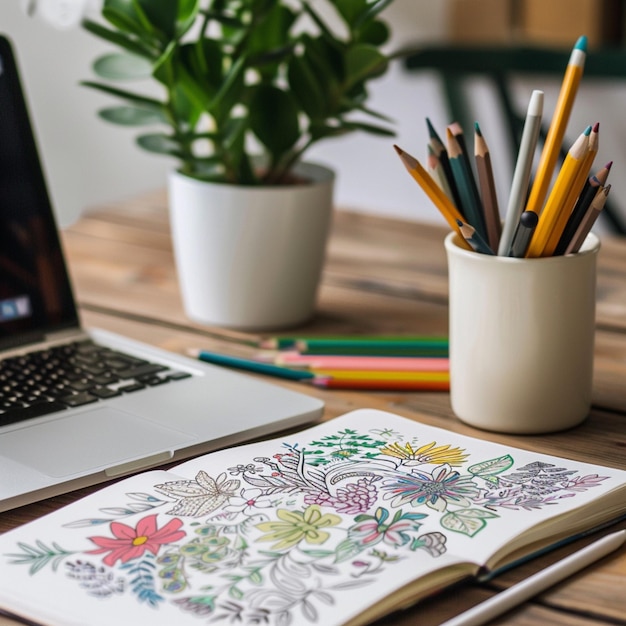 a notebook with a leaf design on it sits next to a laptop