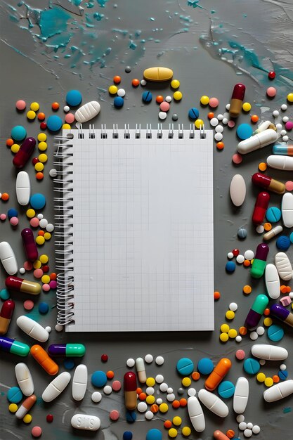 Photo a notebook with many pills and a notepad on it