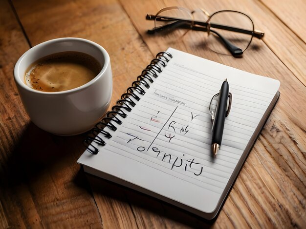 a notebook with a pen and a cup of coffee on it