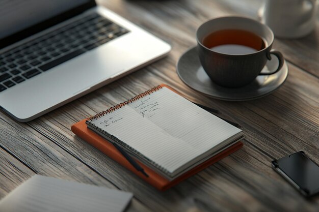 Photo a notebook with a pen on it and a cup of tea next to it