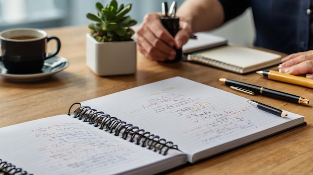 Photo a notebook with a pen on it and a pen on the table