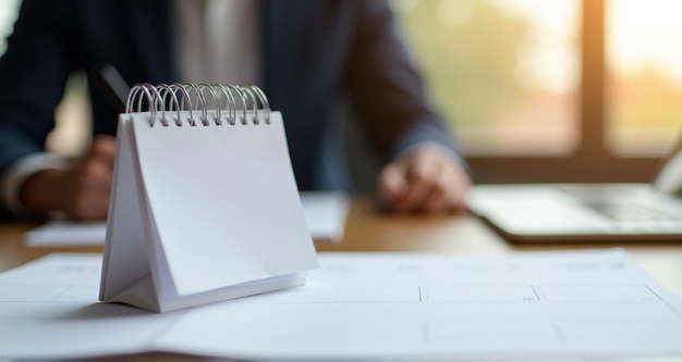 Photo a notebook with a pen on it sits on a table with a man in a suit behind it