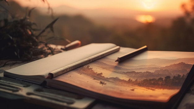 A notebook with a pen and a pen on it with a sunset in the background.