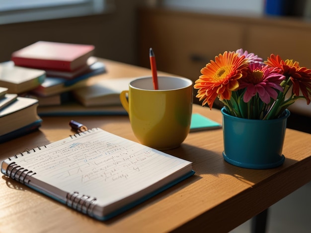 a notebook with a pen sits on a desk next to a cup of flowers