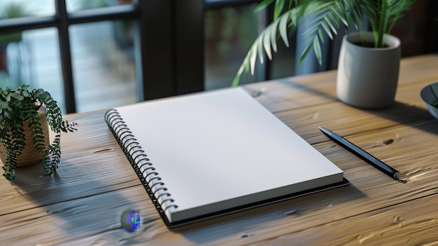 a notebook with a pen on a table next to a pen and a plant