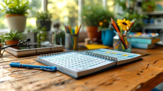 a notebook with a pen on a table with flowers and a pen