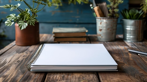 a notebook with a pen on the top of it and a book on the table