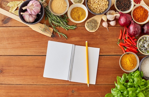 notebook with pencil among spices on wooden table