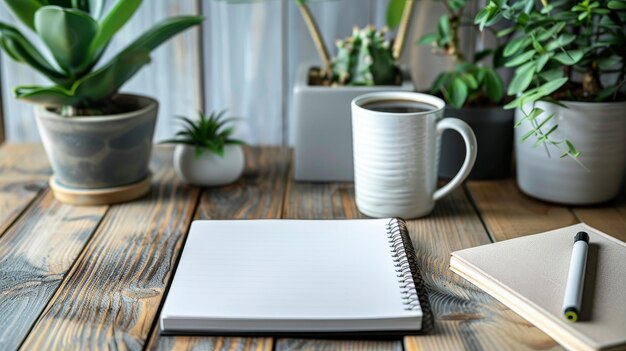 a notebook with a plant on it sits on a wooden table