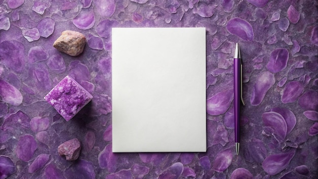 Photo a notebook with purple stones and a pen on a purple background