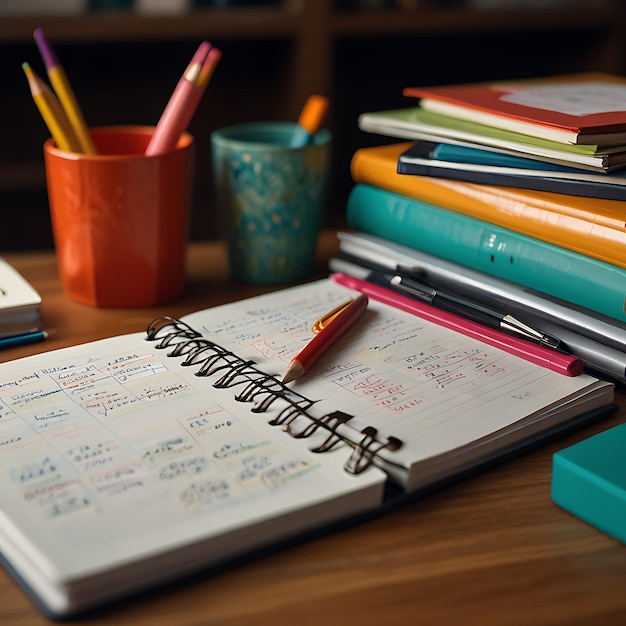 Photo a notebook with a red pen on top of it with a pen on top of it