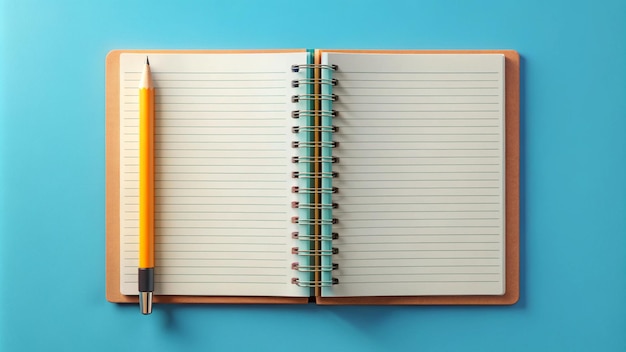 a notebook with a yellow pencil on a blue background