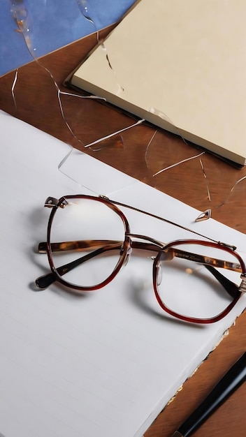 Notepad glasses pen and paper reminders on a white background