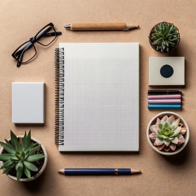 Notepad Mockup with Stationery Items Workspace Office Supplies Minimal Design