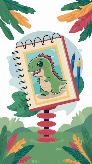 Notepad sketchbook on a spring with a picture of a cute dinosaur cartoon style Art supplies