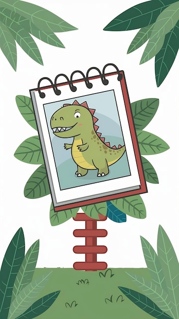 Notepad sketchbook on a spring with a picture of a cute dinosaur cartoon style Art supplies