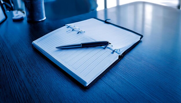 Photo notepad on a table with pen before meeting blue tone business concept with copy space