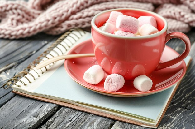 Photo notepad with cup of soft marshmallows