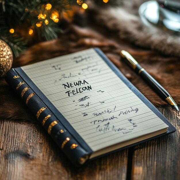 Photo a notepad with new year s resolutions and a list with a pen beside it