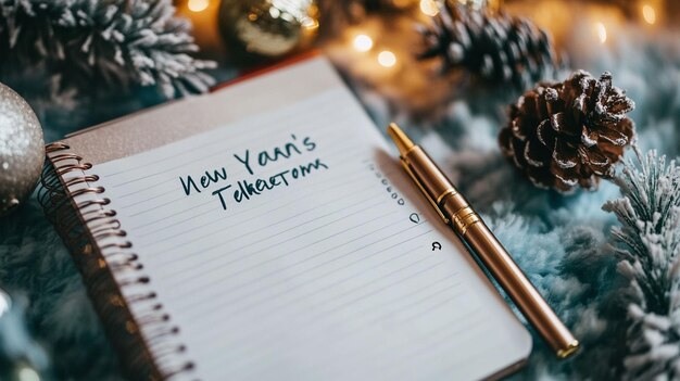 Photo a notepad with new year s resolutions and a list with a pen beside it