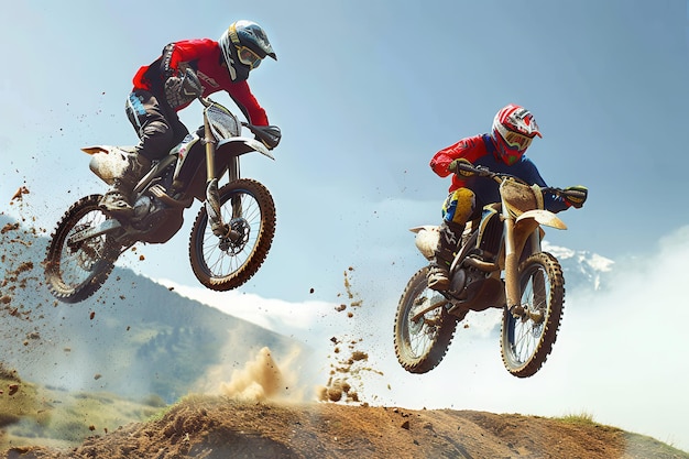 Photo nothing compare to the thrill of a good race action shot of two dirt bikers jumping with their bikes