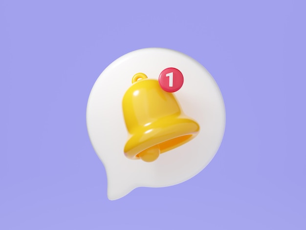 Notification bell on speech bubble 3d render Illustration of simple yellow bell icon for reminder or notice concept