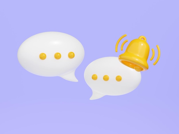 Notification bell on speech bubble with text 3d render