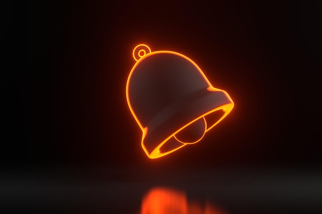 Notification bell with bright glowing futuristic orange neon lights on a black background 3D render