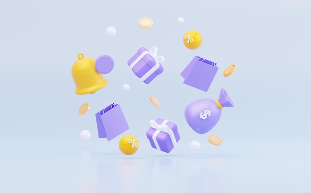 Notification of gift delivery. Flying items such as bell, gift, package and money. 3D rendering