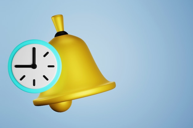 Notification icon - golden bell with clock, 3d render