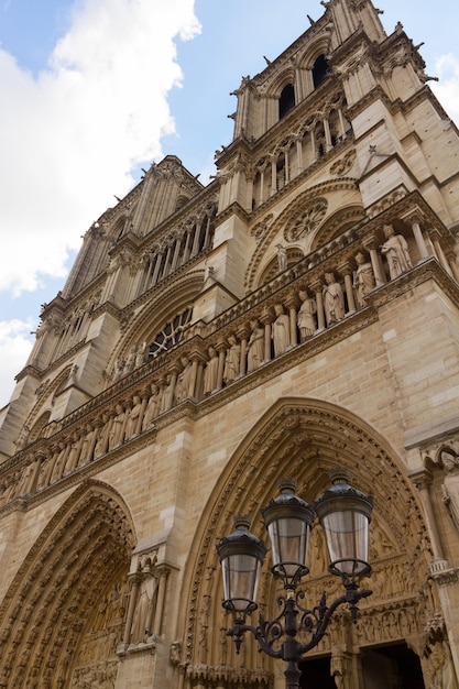 Notre Dame  cathedral  facade close up, Paris, France