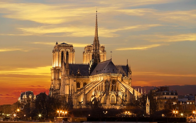 The Notre Dame Cathedral at sunset Paris France