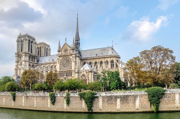 Notre Dame de Paris Cathedral on the banks of the Seine river France