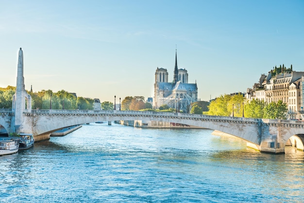 Notre Dame de Paris -  view from bridge on Seine river before fire April 15, 2019