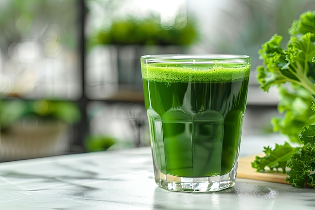 Nourish your body with a glass of invigorating kale juice on a marble countertop Concept Healthy Breakfast