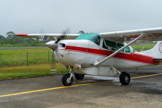 Nov 4 2021, Shell, Pastaza, Ecuador. Light Aircraft on small runway in the Amazon Region of Ecuador