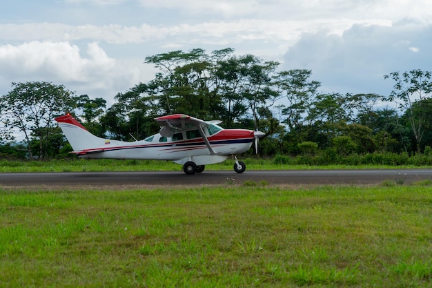 Nov 4 2021, Shell, Pastaza, Ecuador. Light Aircraft on small runway in the Amazon Region of Ecuador