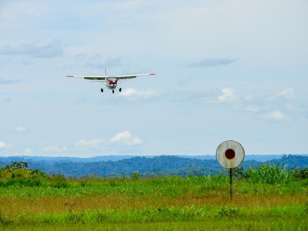 Nov 5 2021, Shell, Pastaza, Ecuador.  Light Aircraft on small runway in the Amazon Region of Ecuador