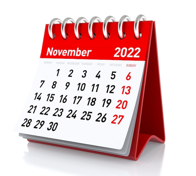 November 2022 Calendar. Isolated on White Background. 3D Illustration