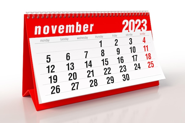 November 2023 Calendar Isolated on White Background 3D Illustration