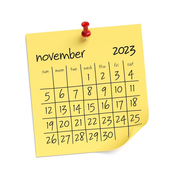 November 2023 Calendar Isolated on White Background 3D Illustration