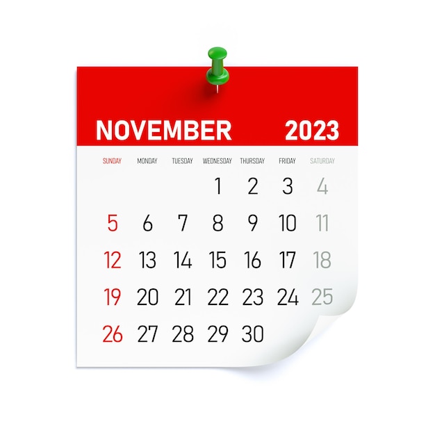 November 2023 Calendar Isolated on White Background 3D Illustration