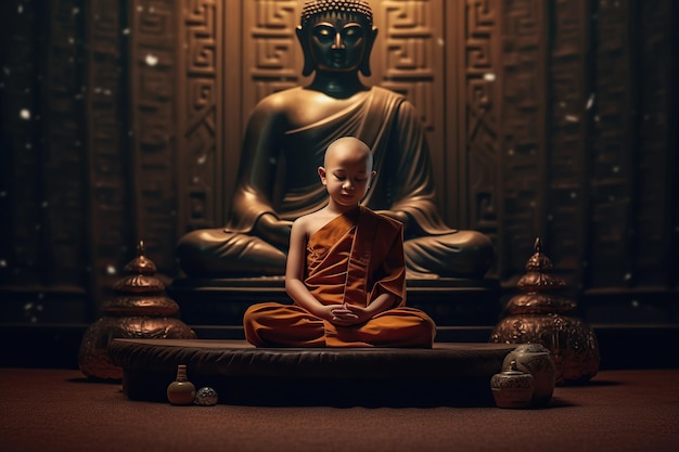 Novices in the temple sit in meditation Behind is a large Buddha image