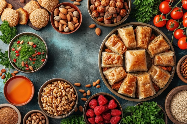 Nowruz celebration table featuring Arabic desserts nuts and greenery on a blue background