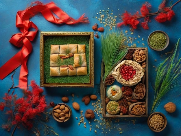 Nowruz festive table Green wheat grass with red ribbon arabic dessert baklava sweets nuts dry