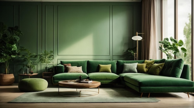 nterior of stylish living room with cozy green sofa and comfortable workplace near big window