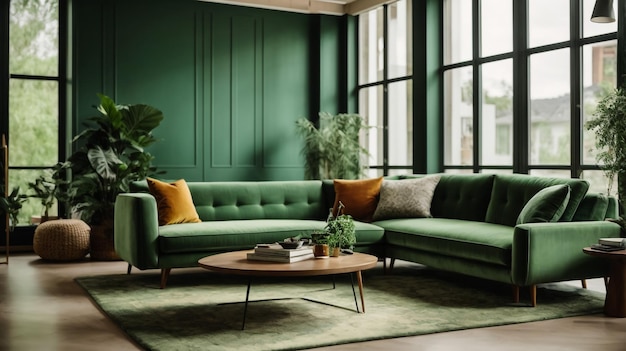 nterior of stylish living room with cozy green sofa and comfortable workplace near big window