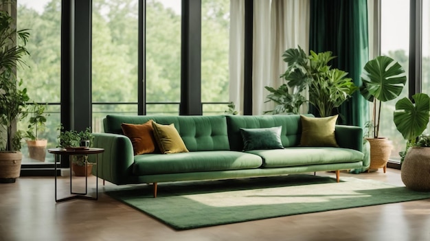 nterior of stylish living room with cozy green sofa and comfortable workplace near big window