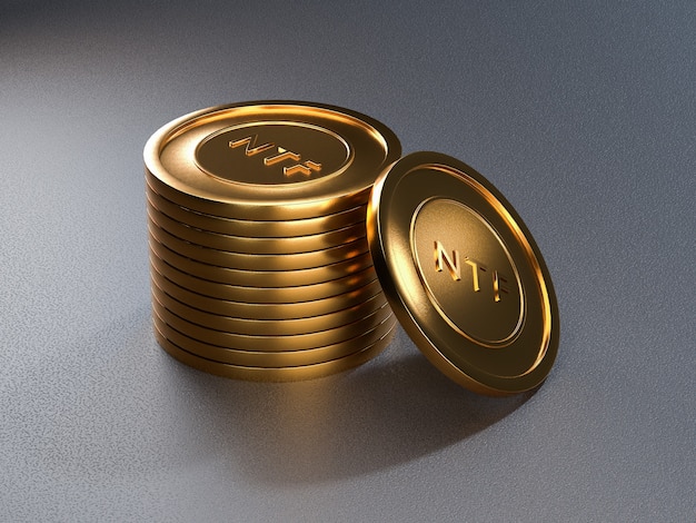 NTF coin token on grey table. Non-refundable token. 3d render.