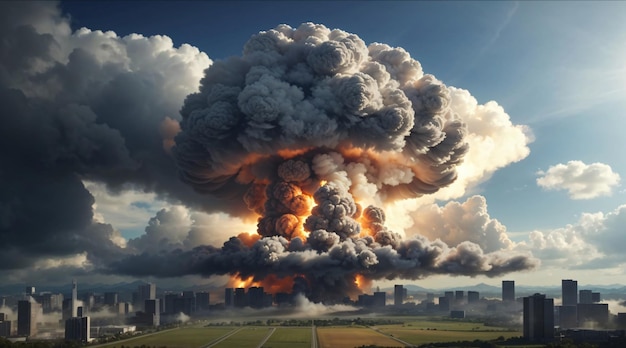 Nuclear bomb explosion over the city with mushroom cloud